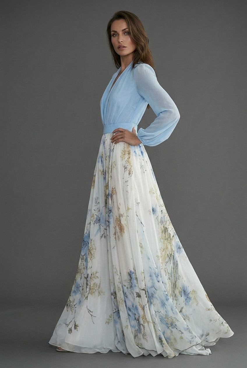 Women’s Elegant Ascot Floral Chiffon Style White Maxi Dress