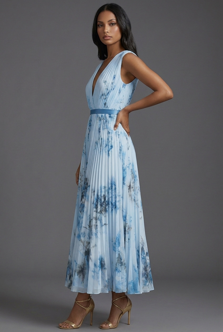 V-Neck Pleated Floral Ascot Midi Wedding Guest Dress
