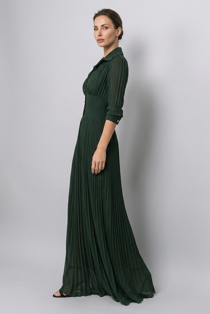 Dark Green Corset Waist Long Sleeve Pleated Maxi Dress