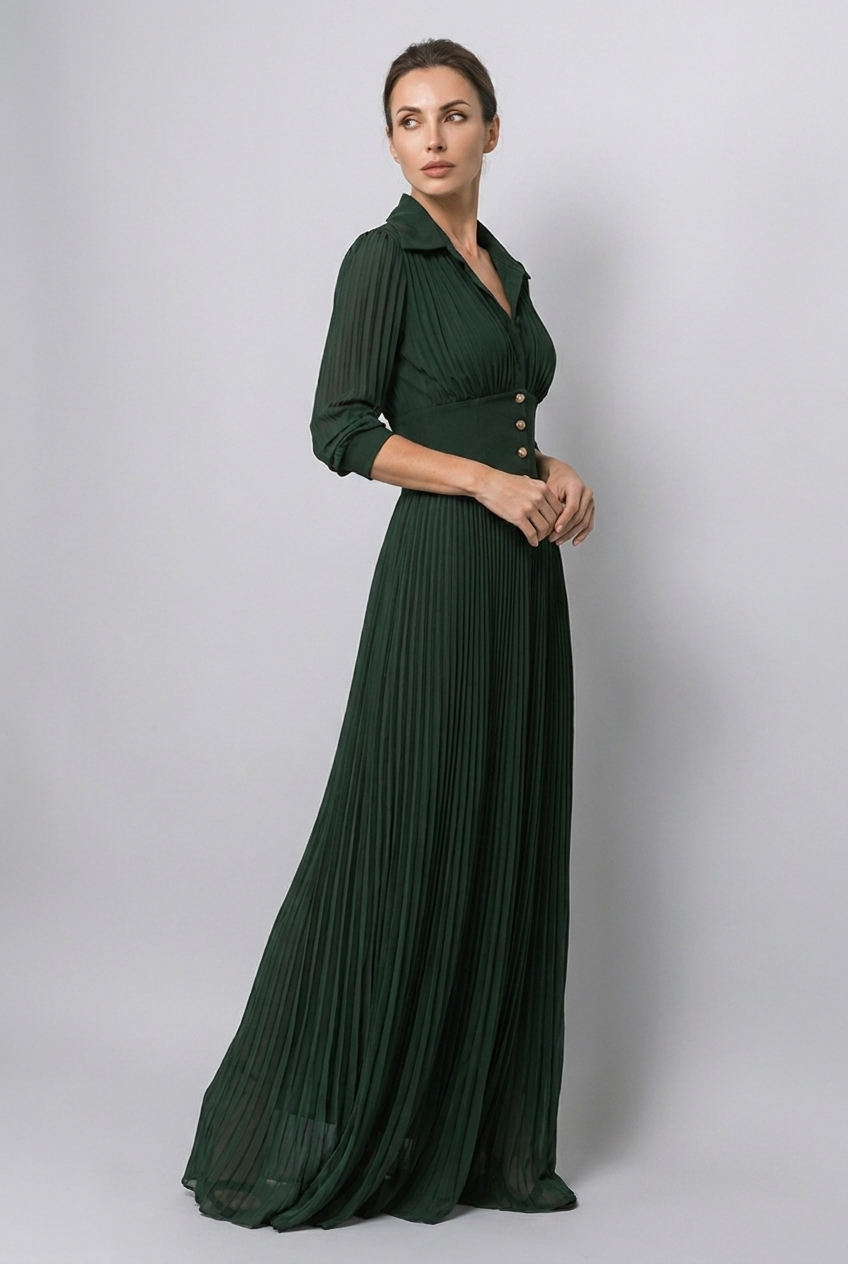 Dark Green Corset Waist Long Sleeve Pleated Maxi Dress