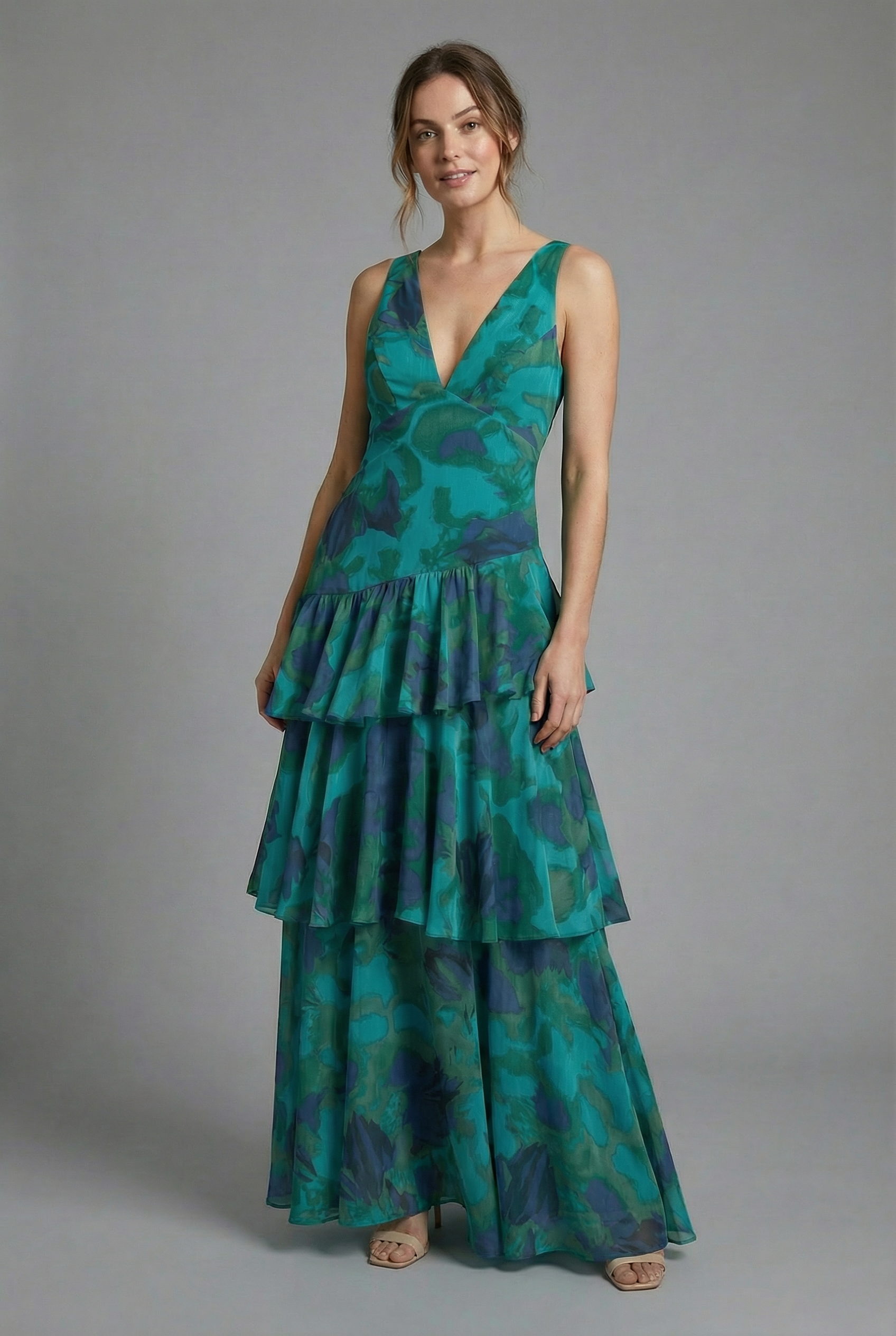 Women's Elegant Tiered Deep V-neckline Maxi Dress