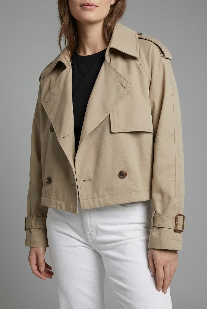 Women’s Khaki Cropped Trench Coat Lightweight Casual Outerwear