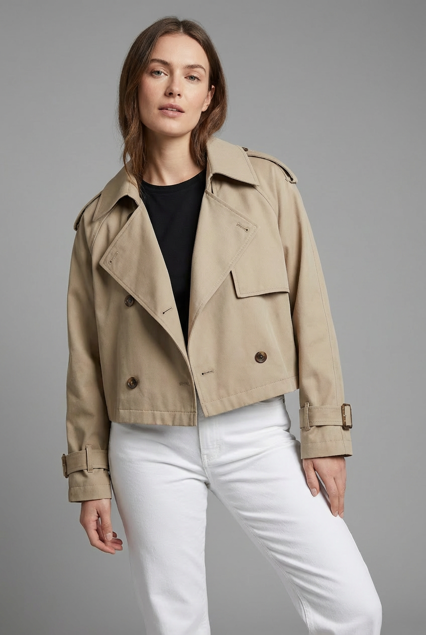 Women’s Khaki Cropped Trench Coat Lightweight Casual Outerwear