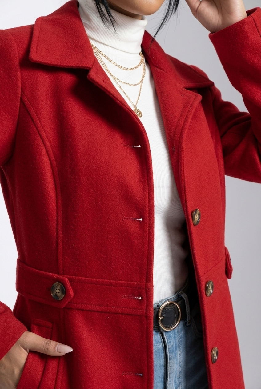 Structured Belted Wool Style Midi Coat Women