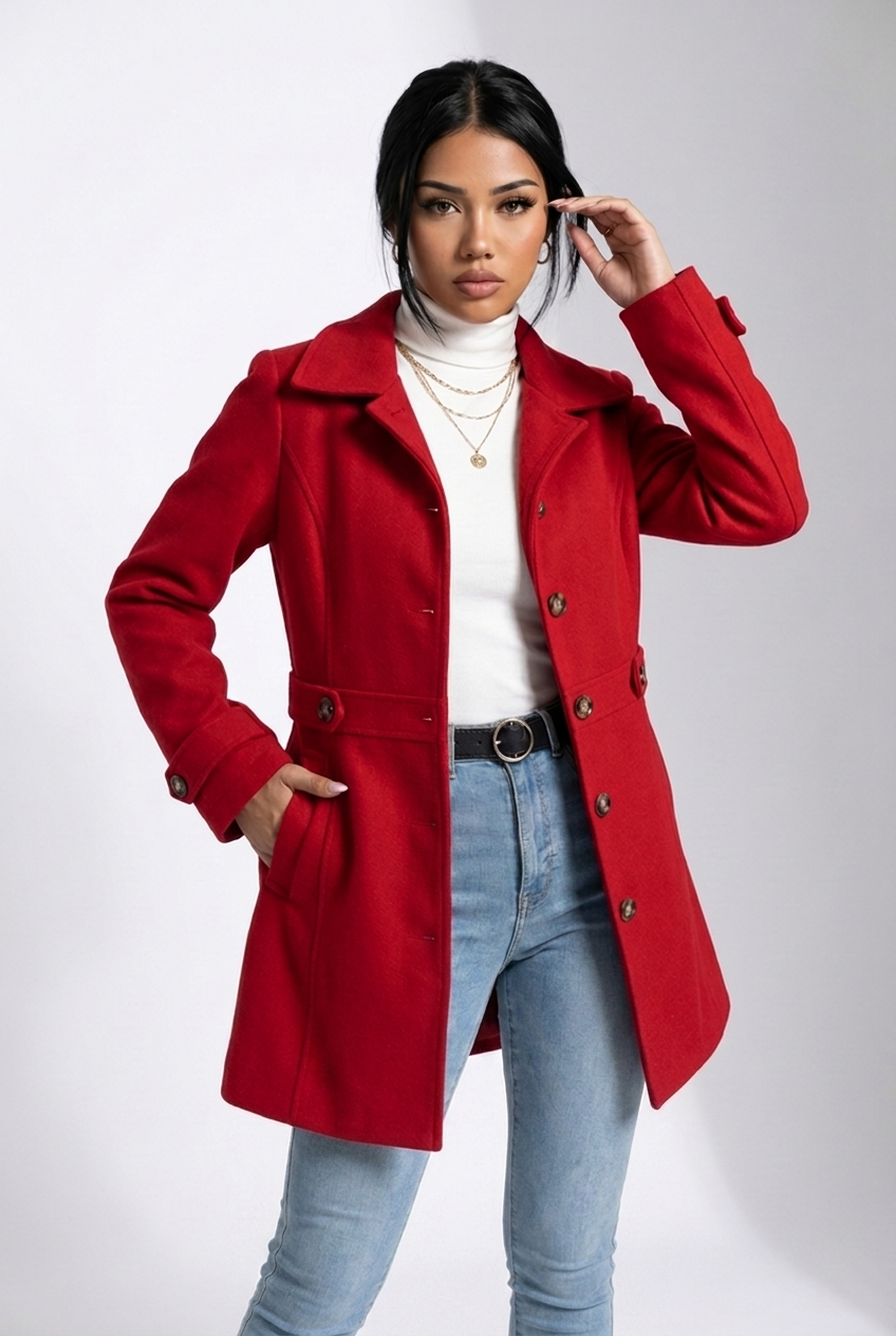 Structured Belted Wool Style Midi Coat Women