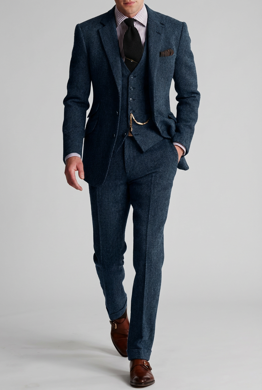 Men’s Three-Piece Tweed Tuxedo – Classic Tailored Suit Set Formal Suit