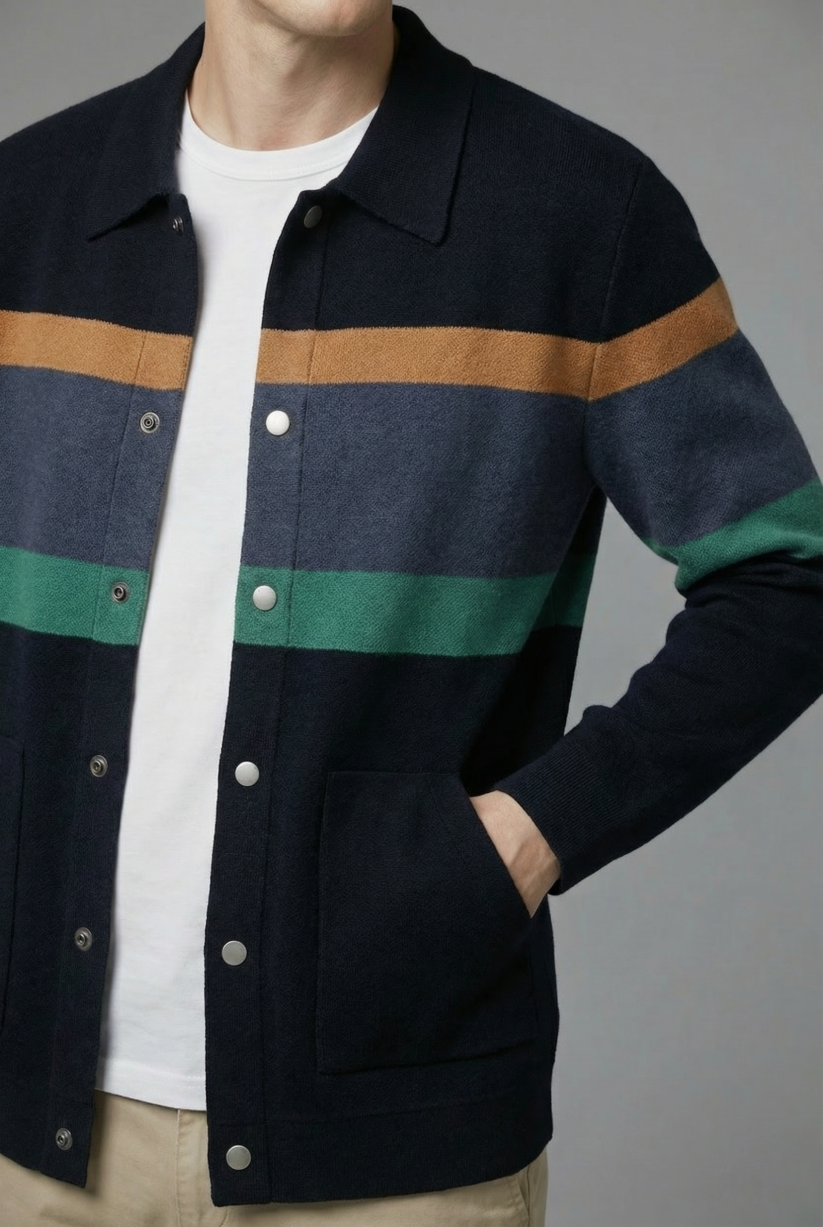 Men’s Striped Knit Style Jacket – Casual Button-Up Cardigan