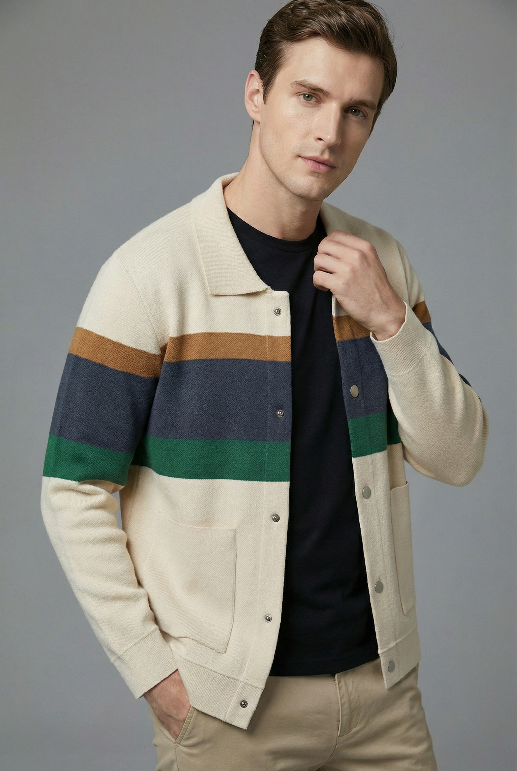 Men’s Striped Knit Style Jacket – Casual Button-Up Cardigan