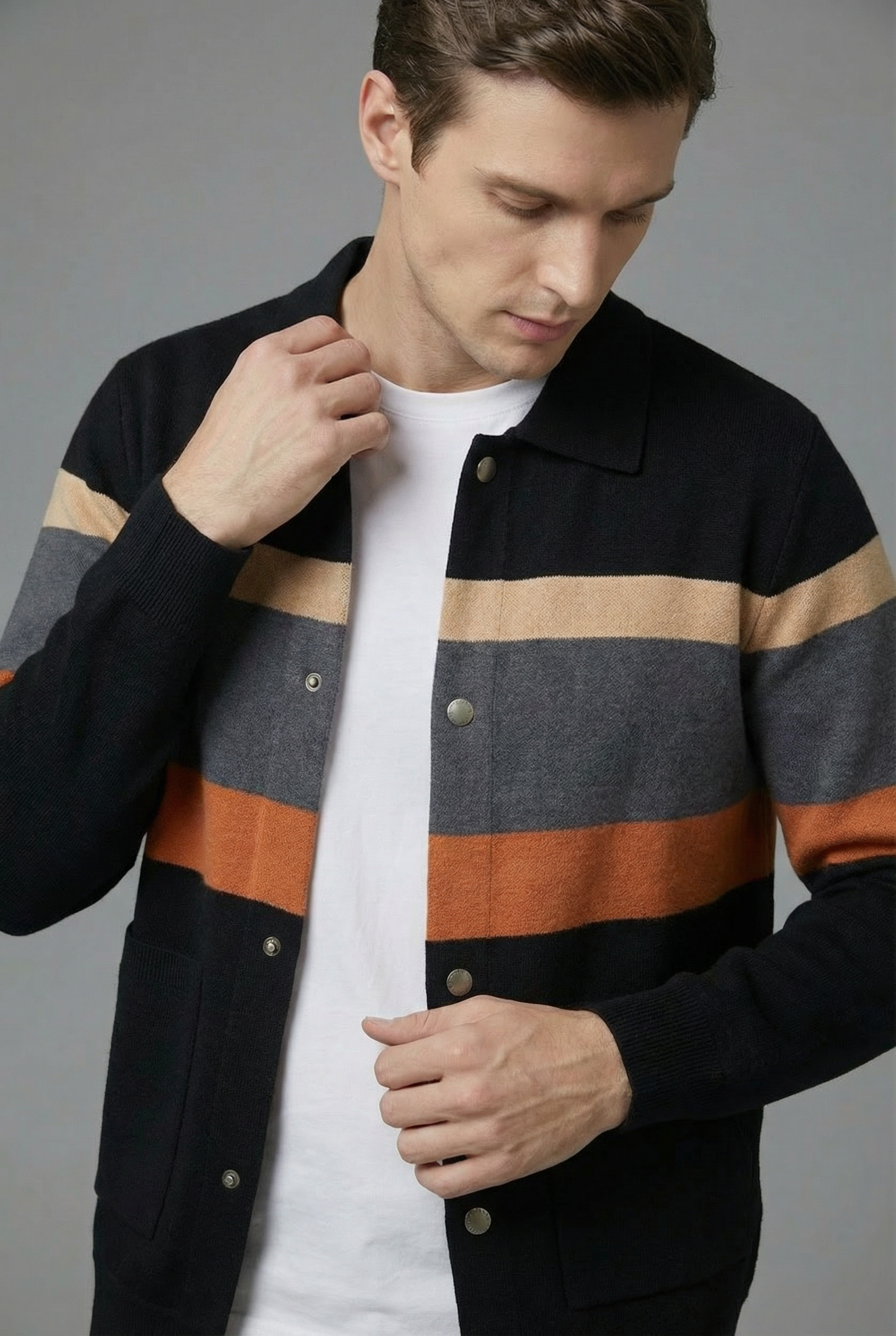Men’s Striped Knit Style Jacket – Casual Button-Up Cardigan