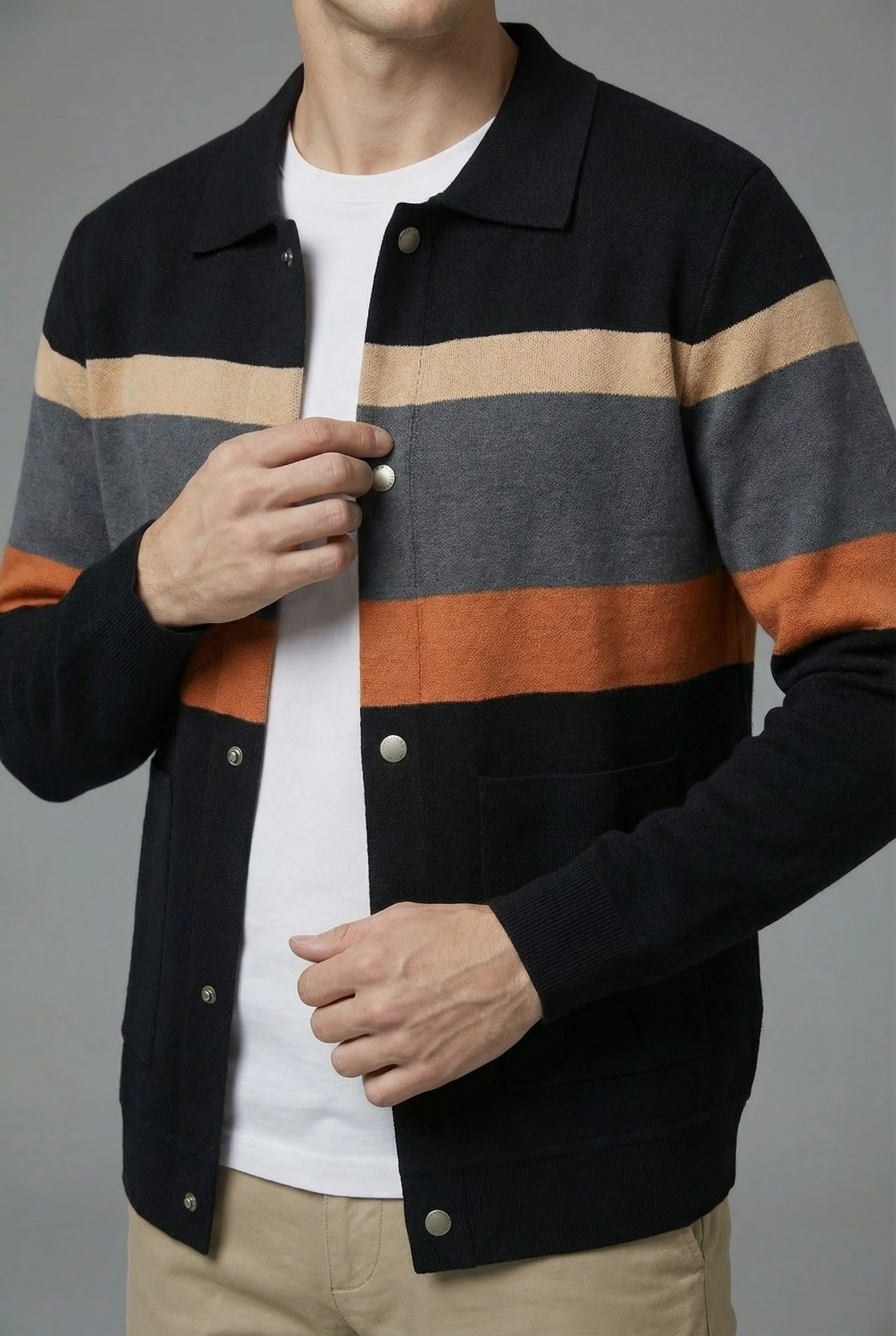 Men’s Striped Knit Style Jacket – Casual Button-Up Cardigan