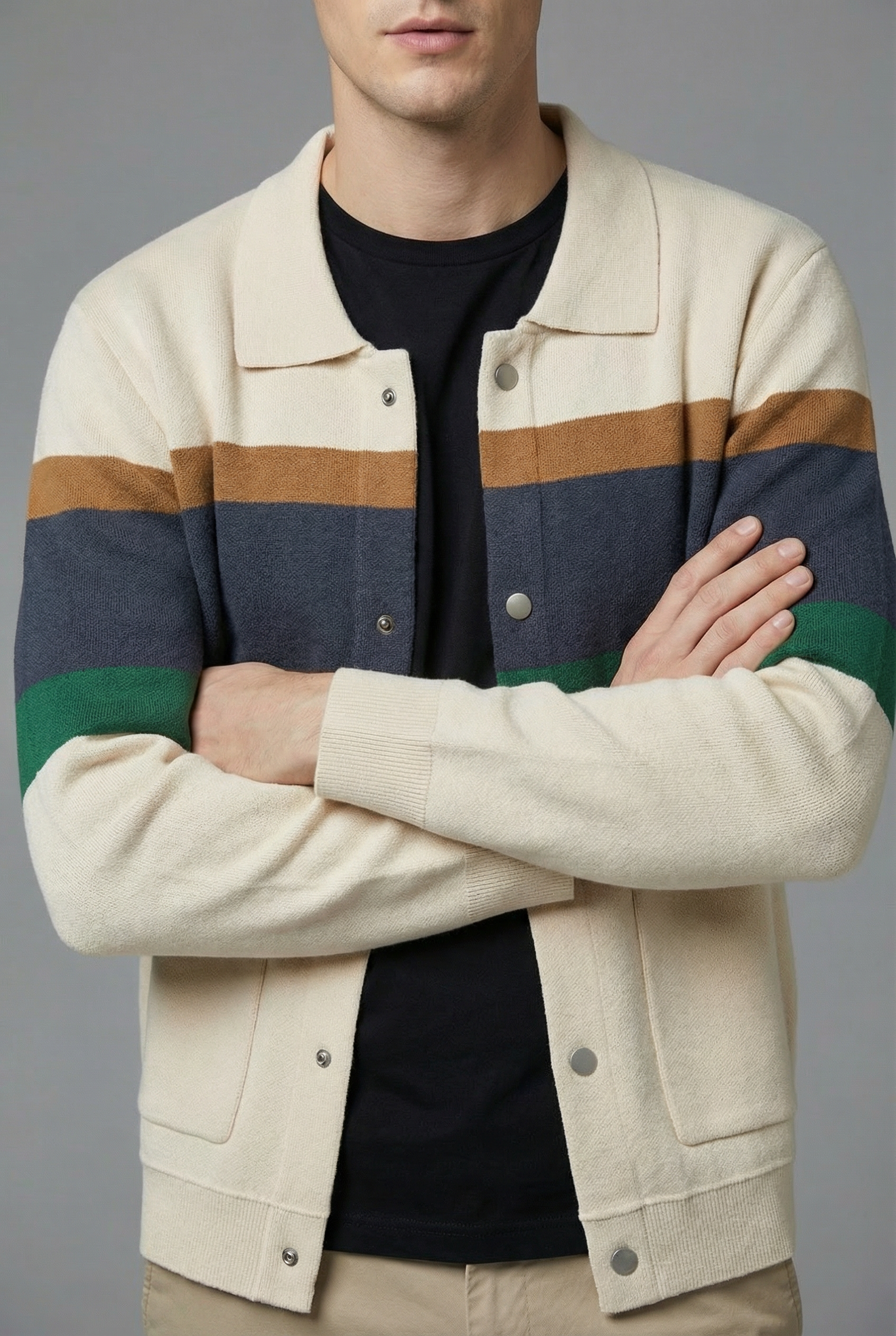 Men’s Striped Knit Style Jacket – Casual Button-Up Cardigan