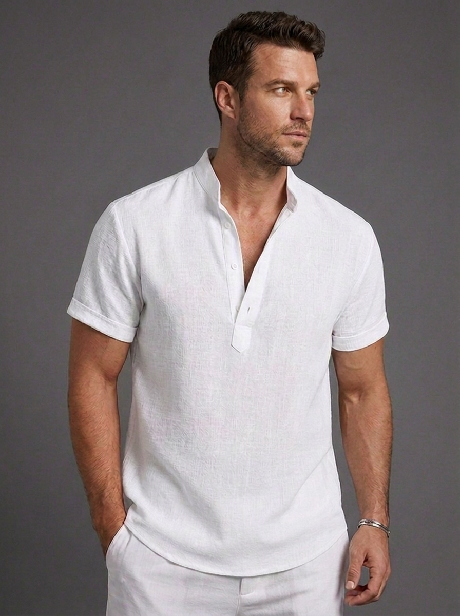 Linen Style Short Sleeve Henley Summer Shirt Men
