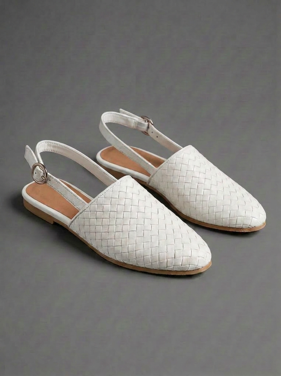 Woven Pointed Toe Leather Style Flat Mules Women