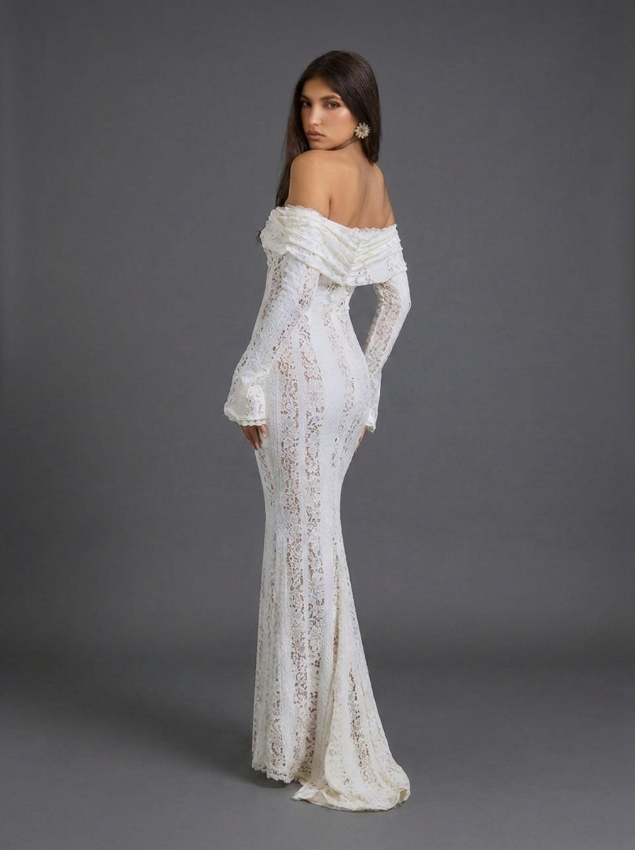 Off Shoulder Long Sleeve Lace Occasion Maxi Dress