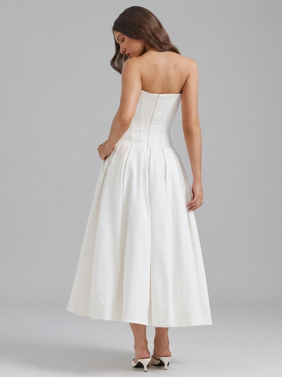 Strapless Corset Pleated Flared Midi Dress