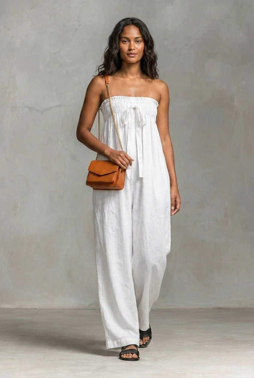 Strapless Bandeau Linen Style Wide Leg Jumpsuit Women