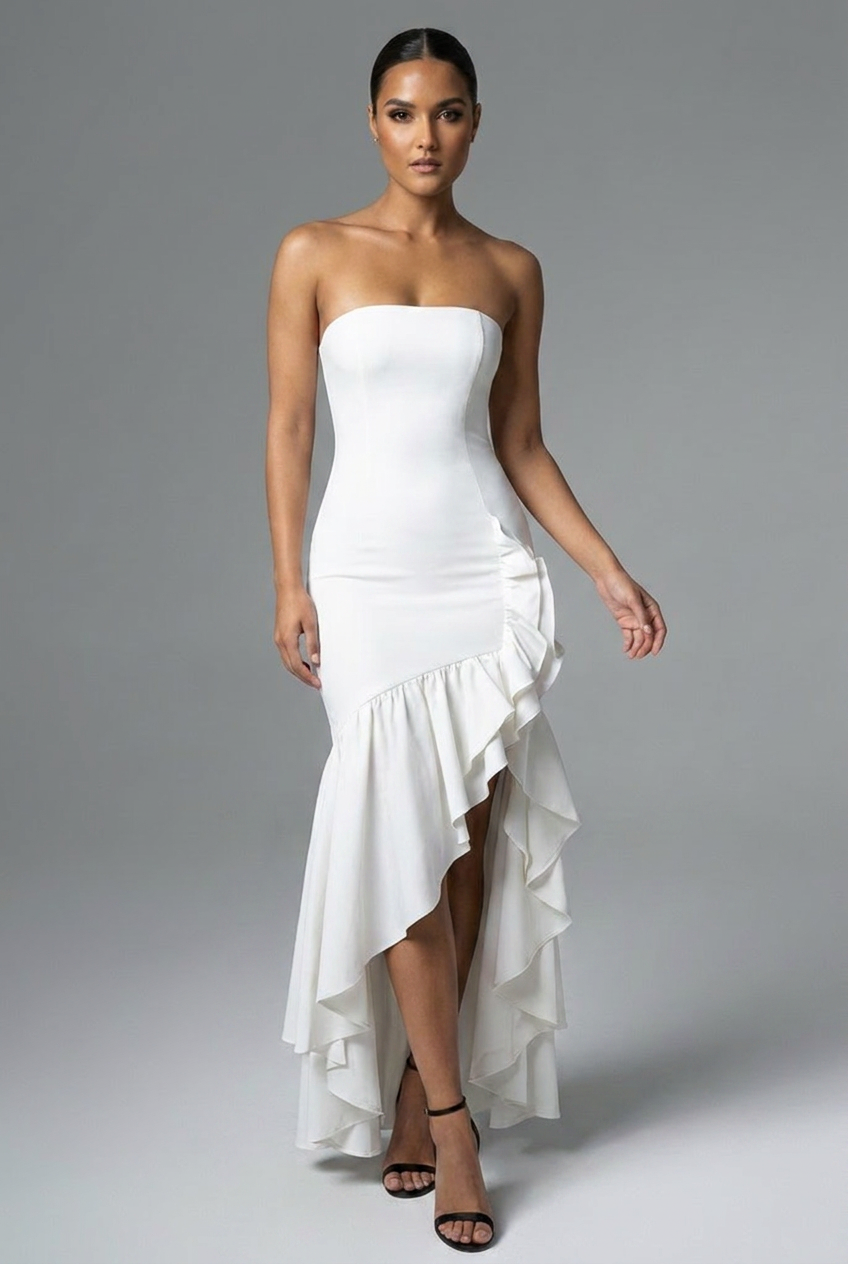 Strapless Bodycon Ruffle Hem Fishtail Maxi Cocktail Dress