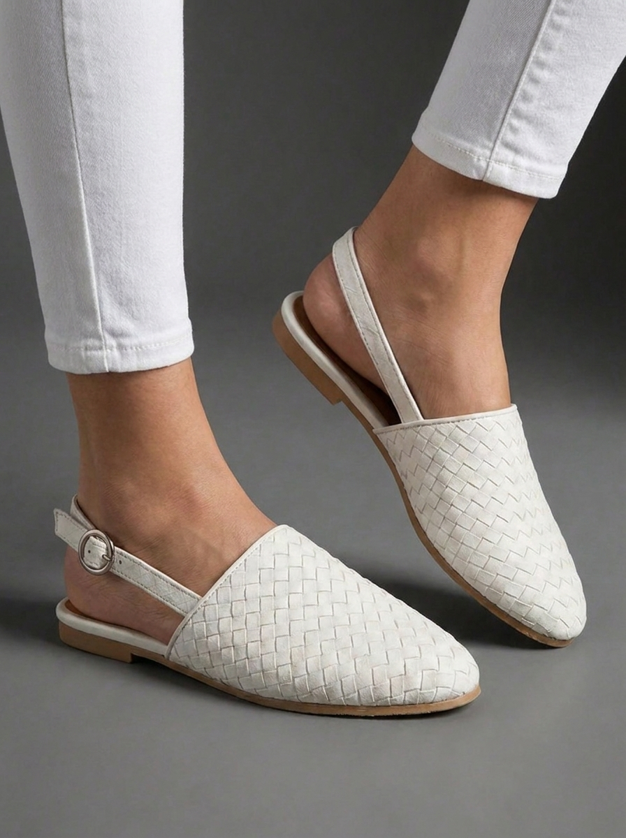 Woven Pointed Toe Leather Style Flat Mules Women