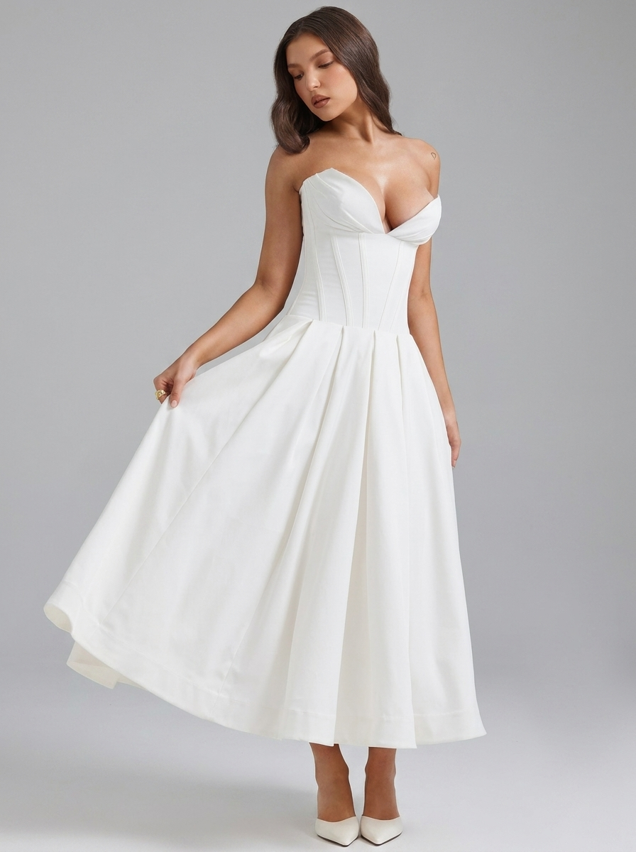 Strapless Corset Pleated Flared Midi Dress