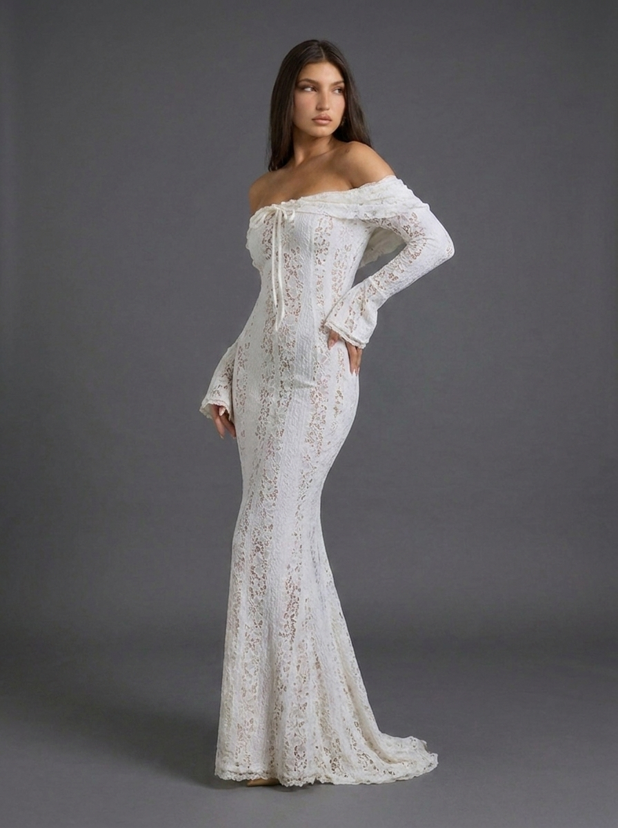 Off Shoulder Long Sleeve Lace Occasion Maxi Dress