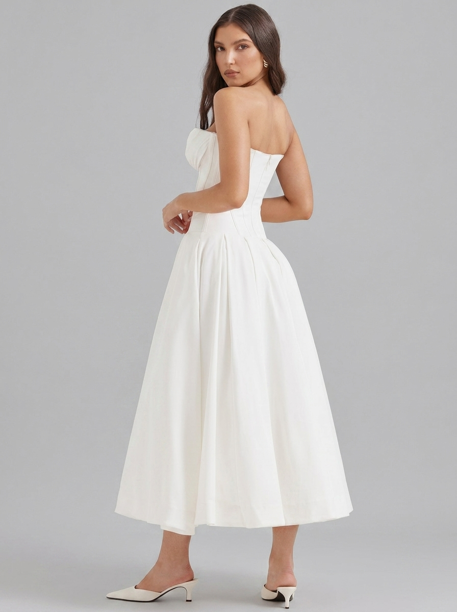 Strapless Corset Pleated Flared Midi Dress