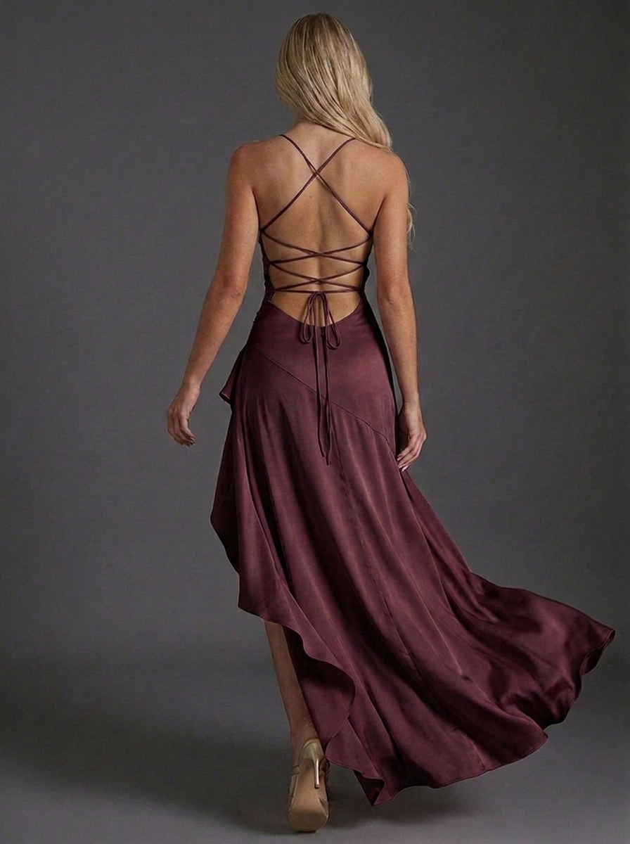 Satin Style Strappy Ruched Leg Split Maxi Wedding Guest