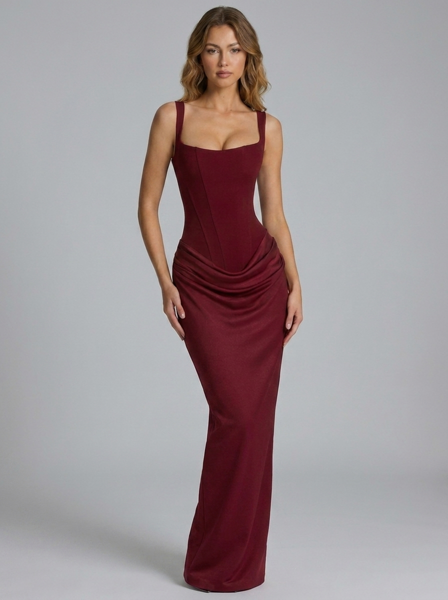 Corset Square Neck Draped Column Prom Maxi Dress
