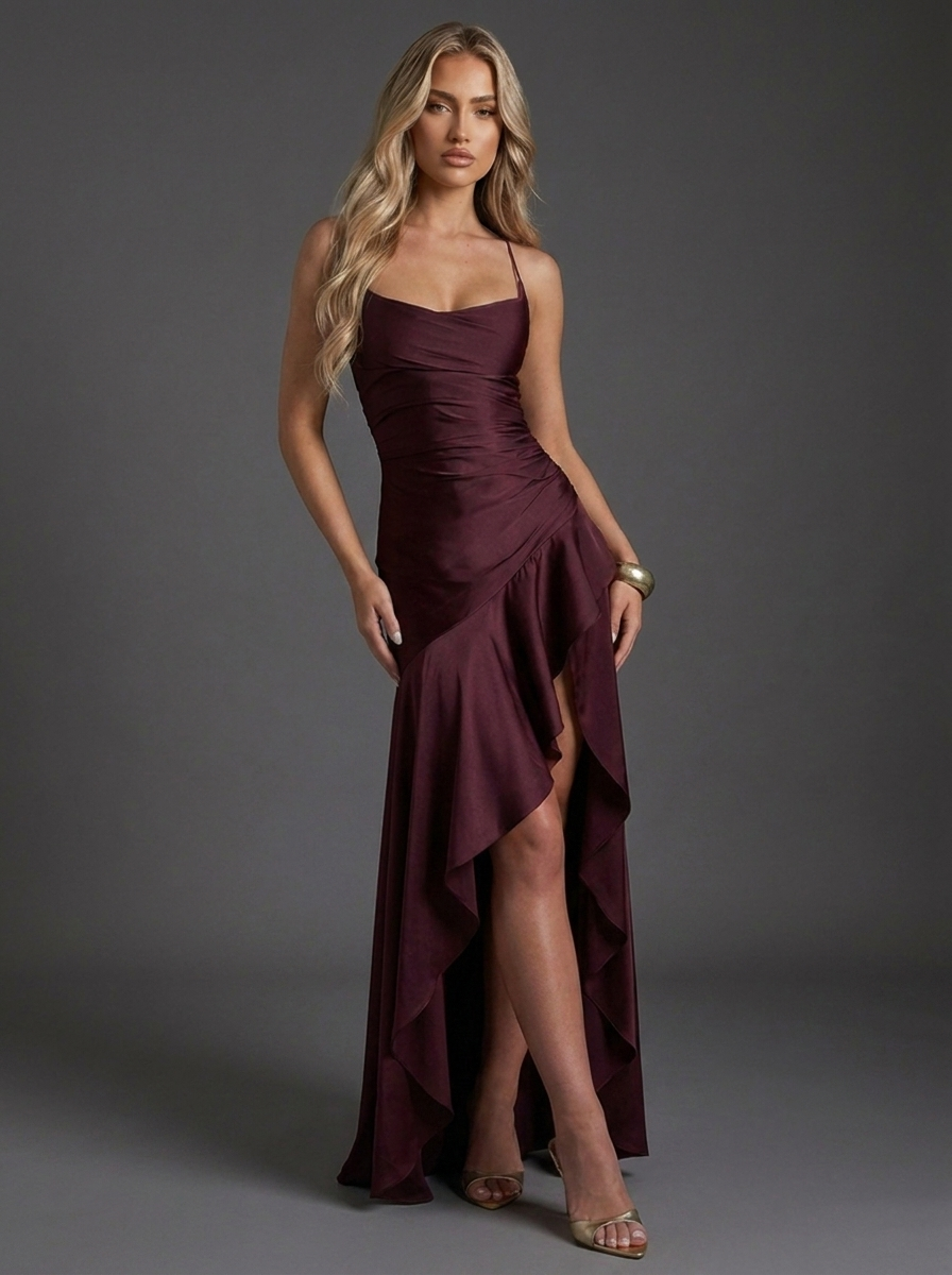 Satin Style Strappy Ruched Leg Split Maxi Wedding Guest