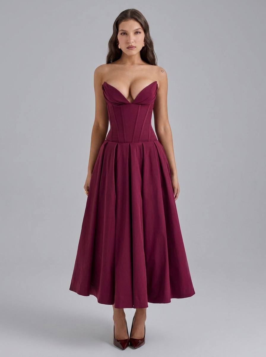 Strapless Corset Pleated Flared Midi Dress