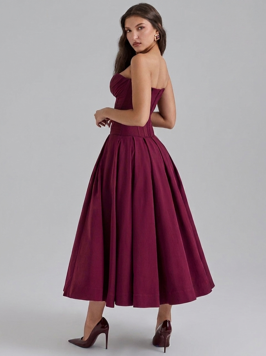 Strapless Corset Pleated Flared Midi Dress