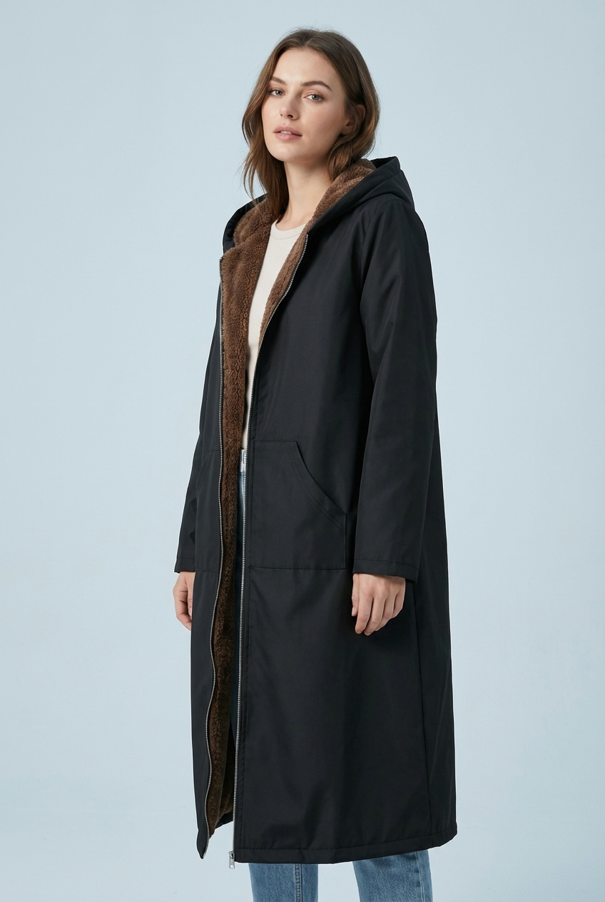 Women’s Elegant Warm Winter Black Plush-Lined Hooded Long Coat