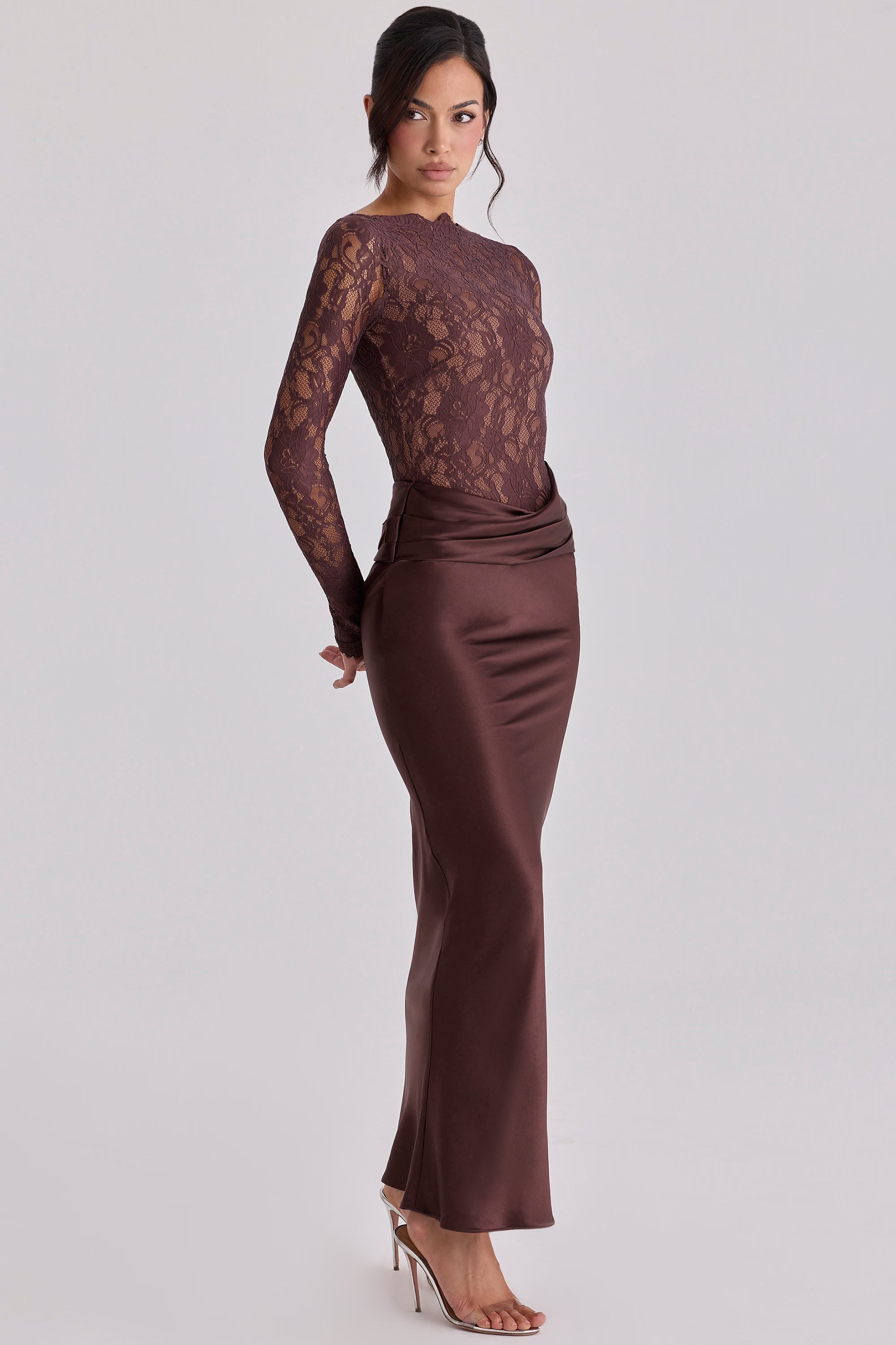 Brown Lace Satin Style Long Sleeve Graduation Maxi Dress