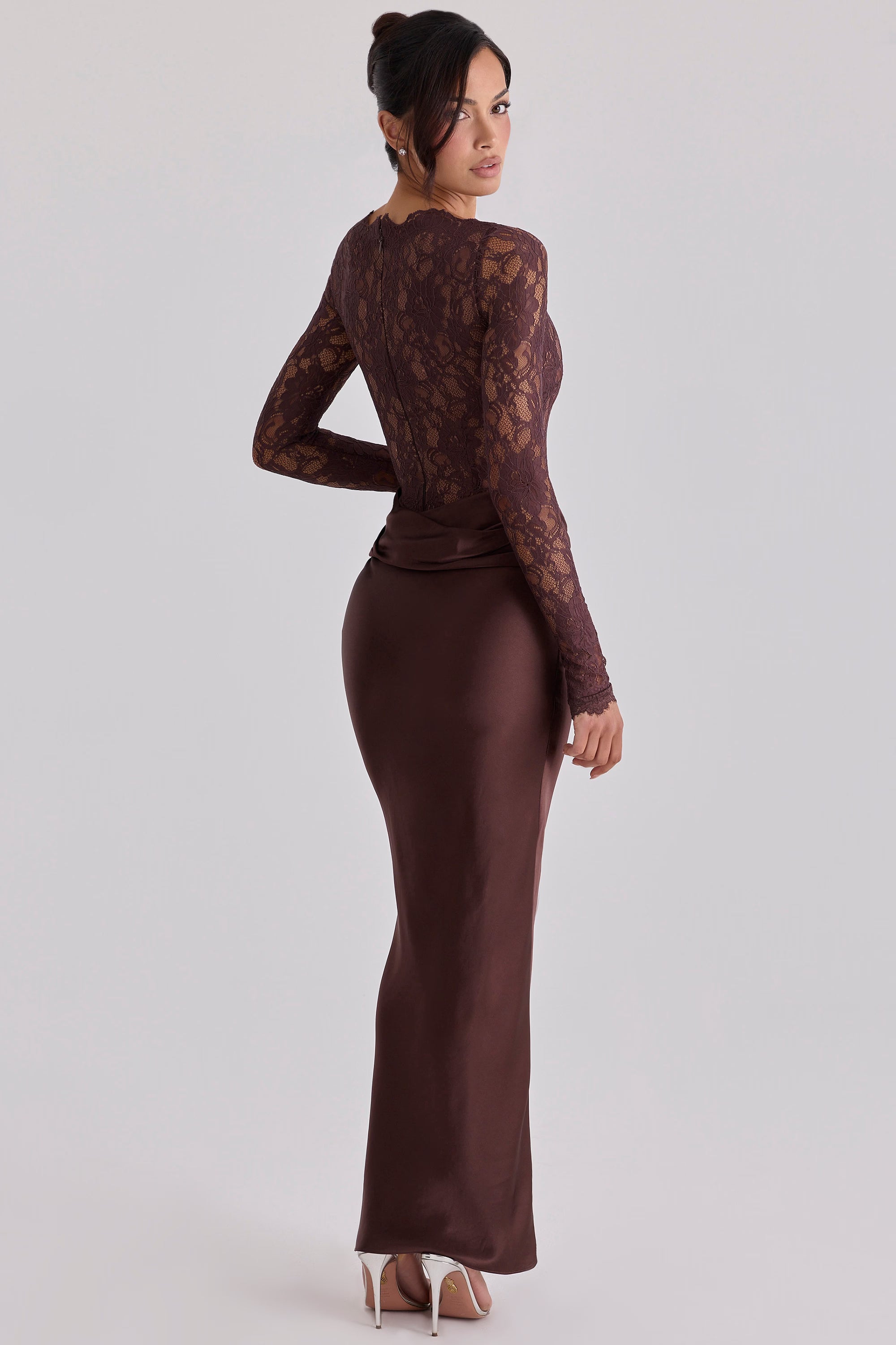 Brown Lace Satin Style Long Sleeve Graduation Maxi Dress