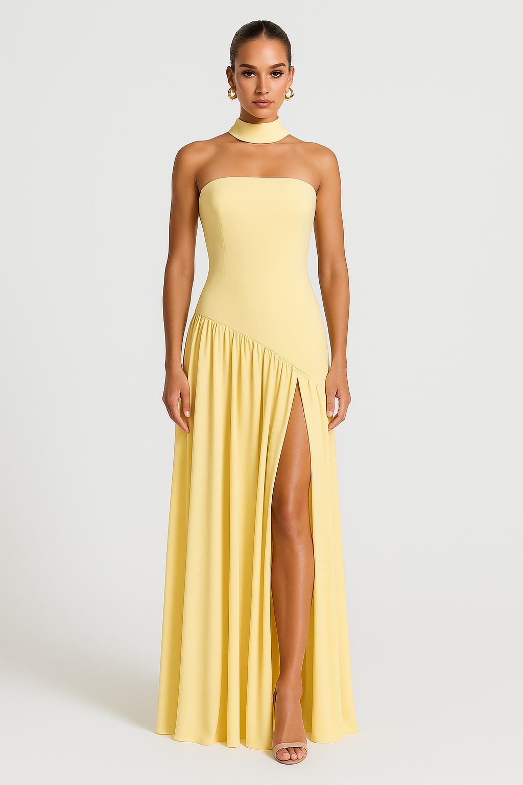Women's Elegant Asymmetric Strapless Dress with High Slit for Women
