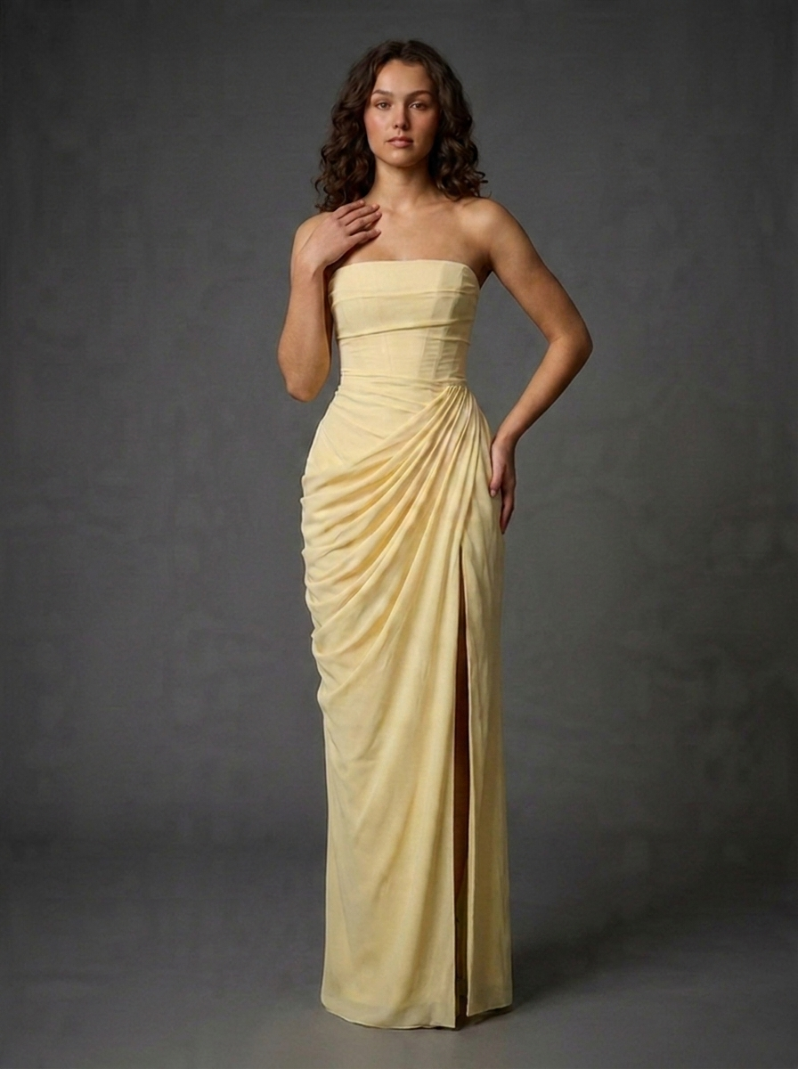 Strapless Draped High Split Prom Maxi Dress
