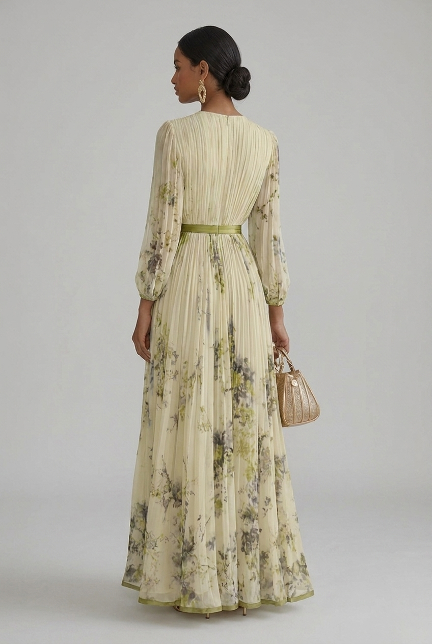 Maxi Wedding Guest Dress Floral V Neck Long Sleeve Pleated