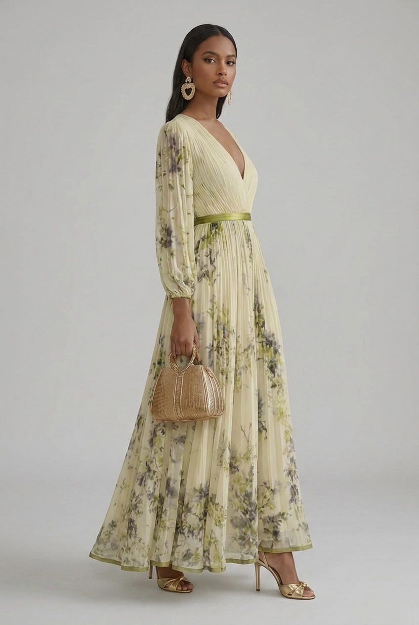 Maxi Wedding Guest Dress Floral V Neck Long Sleeve Pleated