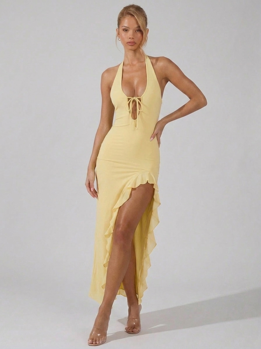 Halter Backless Ruffle Split Chiffon Style Maxi Dress