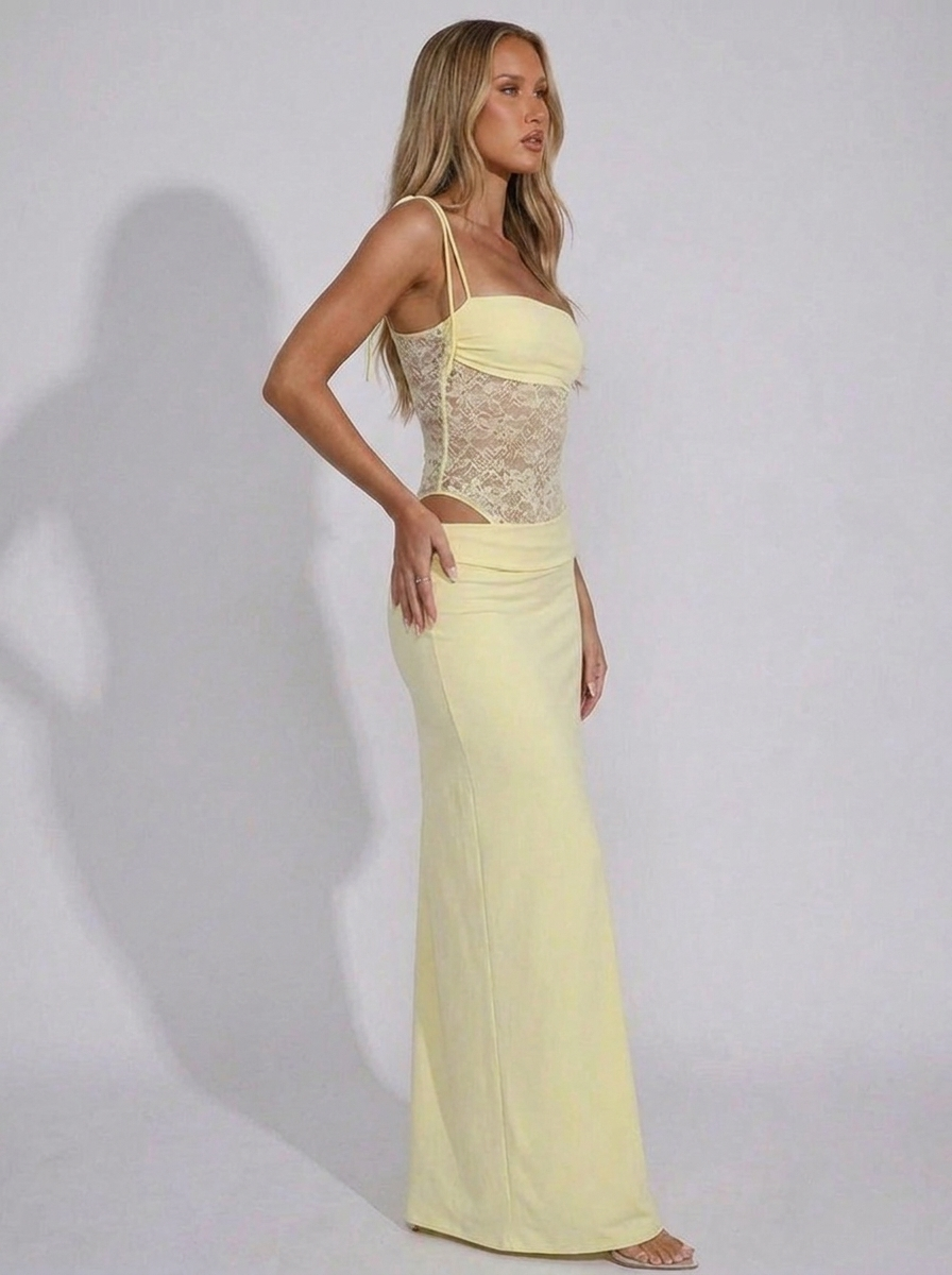 Square Neck Sheer Lace Occasion Maxi Dress