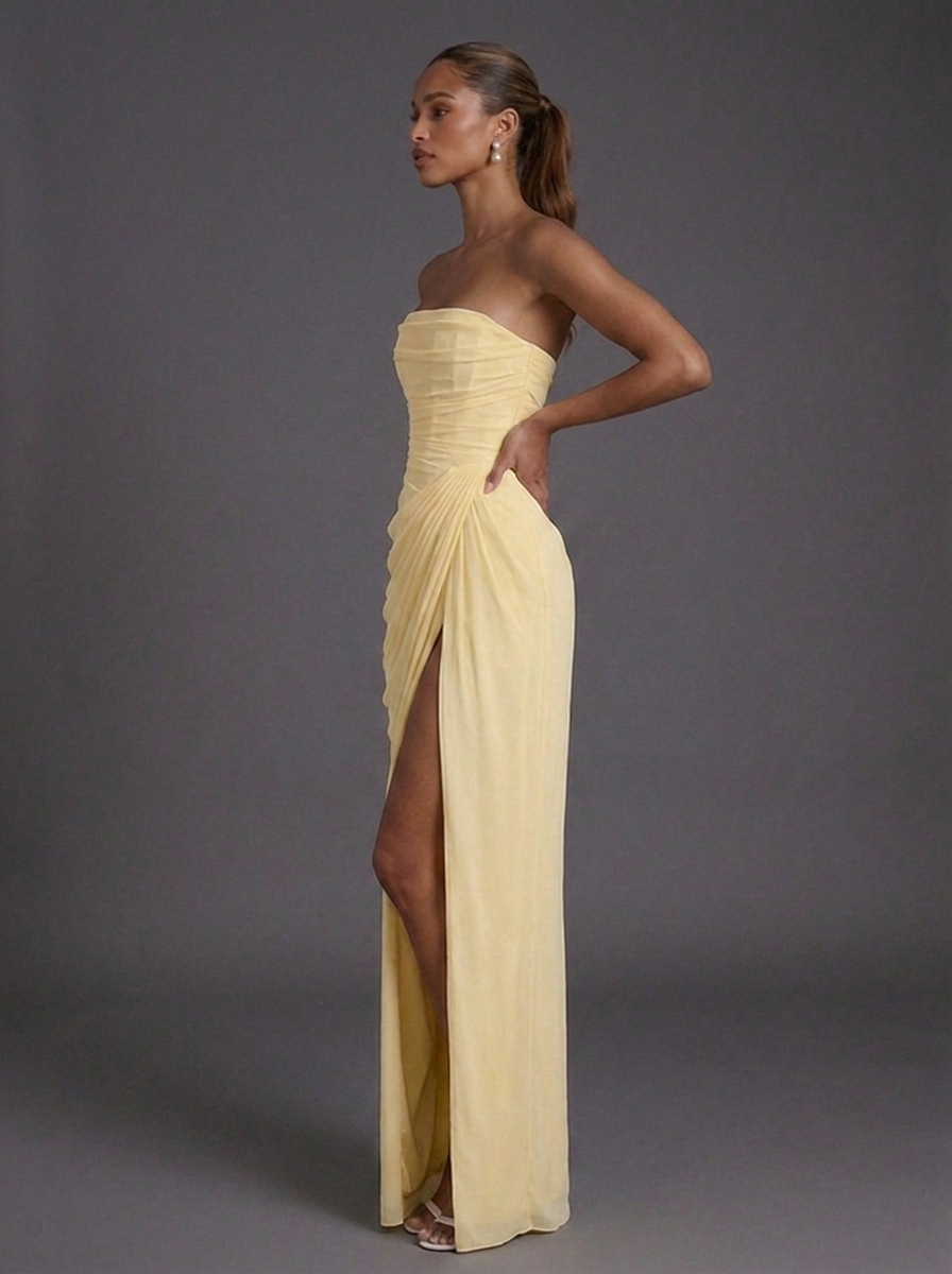 Strapless Corset Ruched Split Maxi Wedding Guest Dress